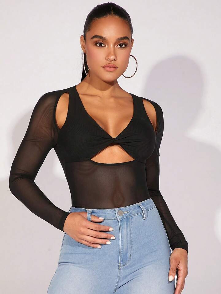 SHEIN BAE Cut Out Twist Front Mesh Top | SHEIN