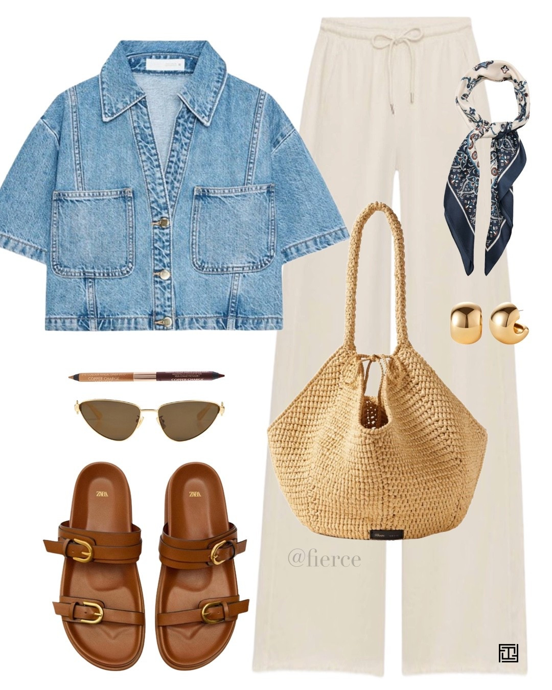 Denim top brown sandals track cream pants raffia summer tote bag silk scarf summer outfit weekend travel city break vacation 

#LTKuk #LTKspring #LTKeurope