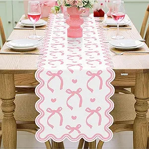 Pink Bow Table Runner 72 Inches Cute Bow Heart Fabric Scalloped Table Runner Coquette Dining Deco... | Amazon (US)