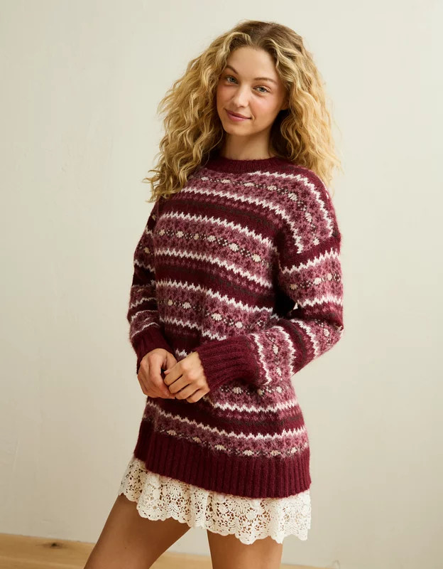 AE Oversized Sweater Lace-Trim Mini Dress Women's Maroon XS | American Eagle Outfitters (US & CA)