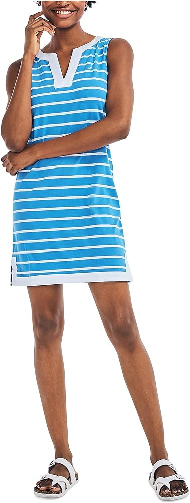 Nautica Women's Breton Stripes Sleeveless V-Neck Stretch Cotton Polo Dress, Reef Blue, Large at A... | Amazon (US)