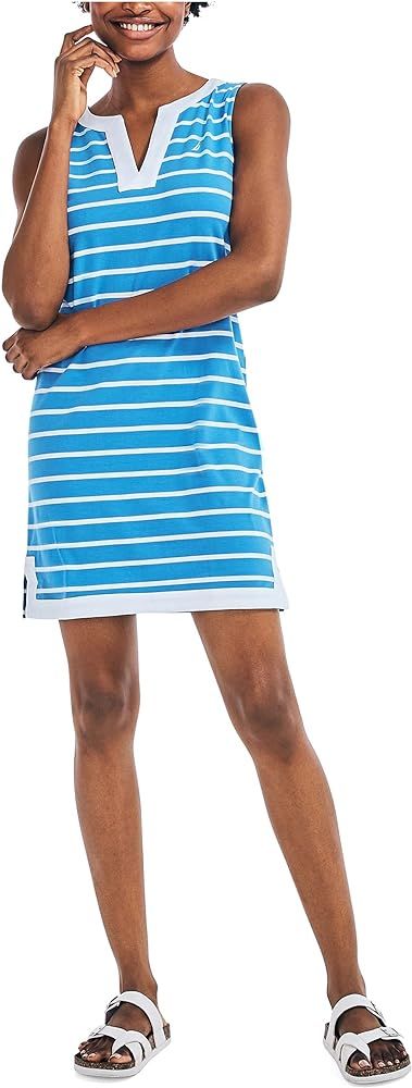 Nautica Women's Breton Stripes Sleeveless V-Neck Stretch Cotton Polo Dress, Reef Blue, Large at A... | Amazon (US)