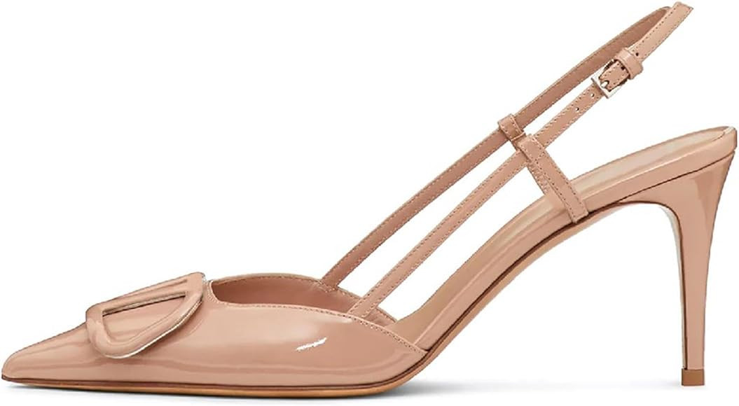 Women Heeled Slingback Sandals Closed Pointed Toe Stiletto High Heels Patent Leather Pumps Slip-O... | Amazon (US)