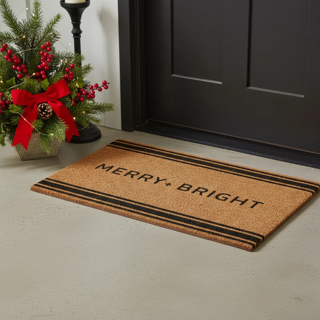 24" X 36" Brown And Black Christmas Merry and Bright Outdoor Coir Door Mat | Wayfair North America