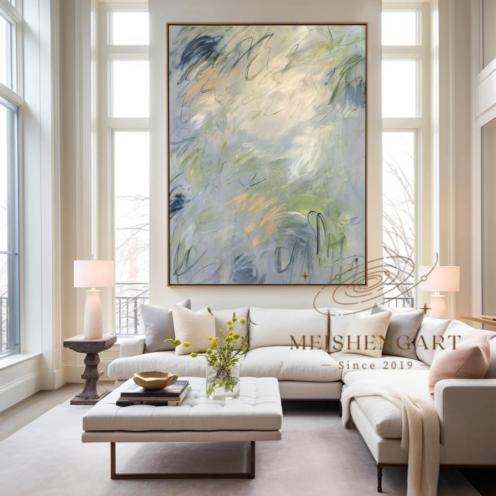 Original Green Blue Abstract Painting: Minimalist Line Art,Contemporary Handmade Art | Etsy (US)