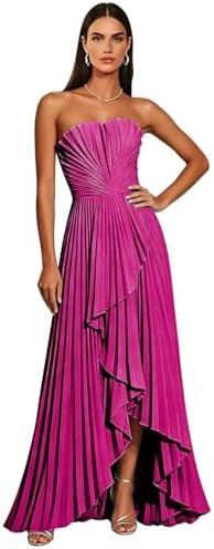 Strapless Chiffon Bridesmaid Dresses Hi-Lo Pleated Long Formal Prom Gowns Wedding Guest Dresses | Amazon (US)