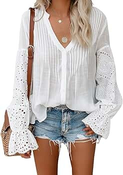 Canikat Women's Button Down Shirt V Neck Lace Crochet Flowy Bell Sleeve | Amazon (US)