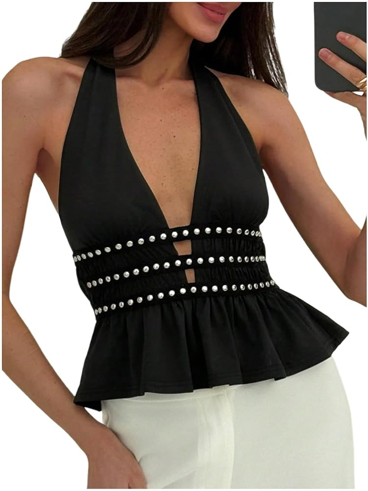 Verdusa Sexy Going Out Tops for Women Y2k Beaded Halter Tops Ruffle Deep V Neck Sleeveless Clubwe... | Amazon (US)
