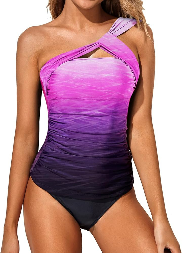 Tempt Me Two Piece Tankini Bathing Suits for Women One Shoulder Swim Top with Bottom Swimsuits | Amazon (US)