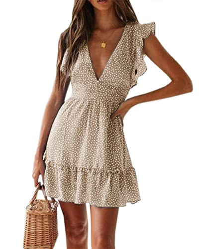 Summer Dresses for Women 2026 Floral Mini Dress Flowy Sexy Deep V Neck A-Line Ruffle Flutter Sleeve Cute Polka Dot Swing Sun Dresses | Amazon (US)