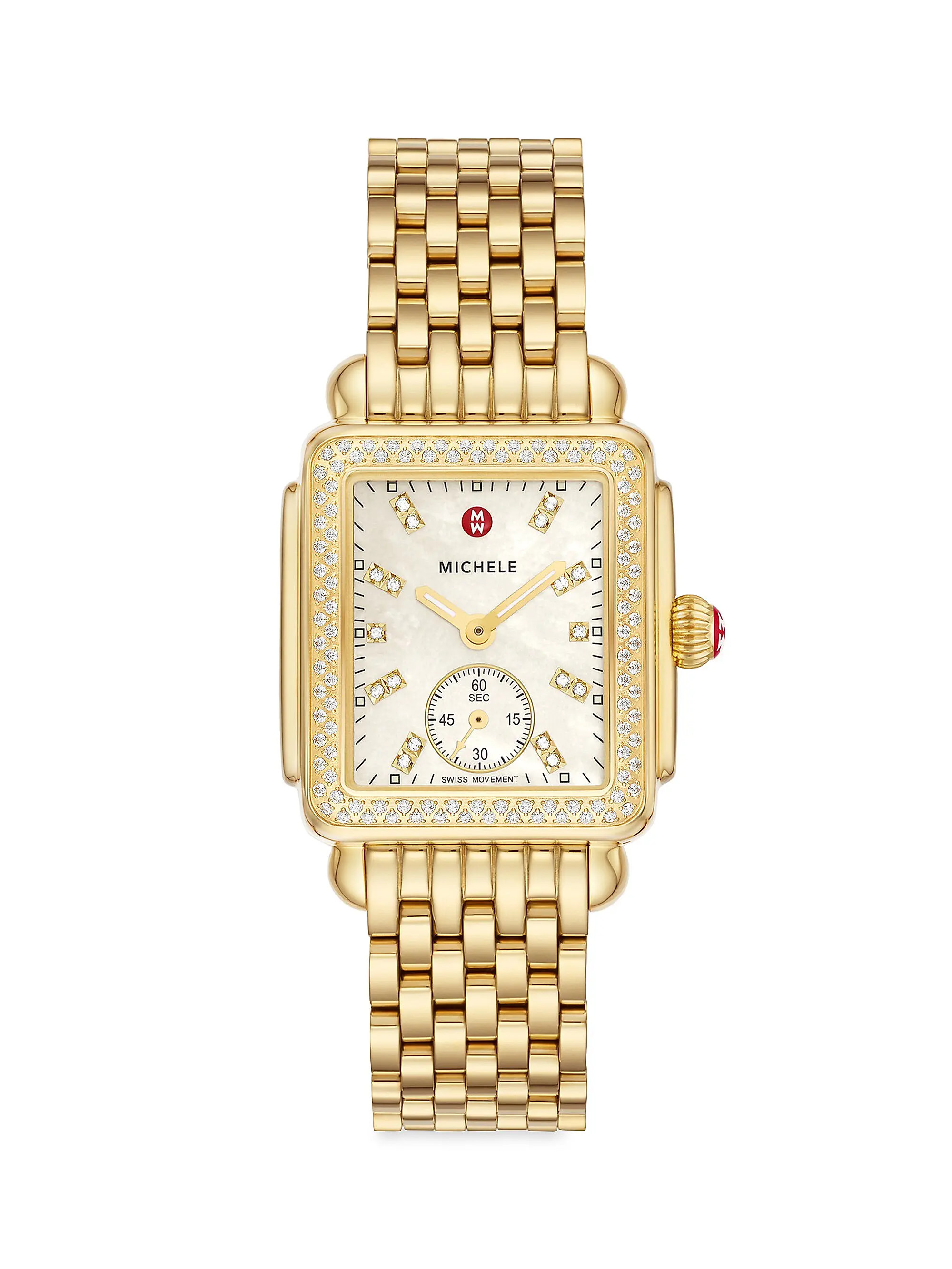 Shop Michele Deco Mid 18K-Gold-Plated &amp; Diamond Bracelet Watch | Saks Fifth Avenue | Saks Fifth Avenue