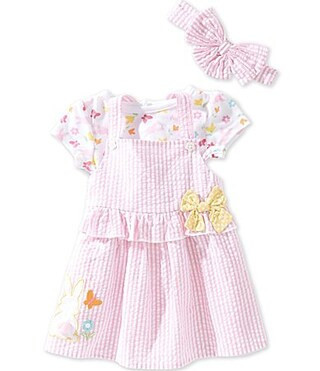 Baby Starters Baby Girls Bunny Print Short Sleeve T-Shirt Woven Seersucker Stripe Bunny Applique Ruffle Bow Detail Dress S | Dillard's