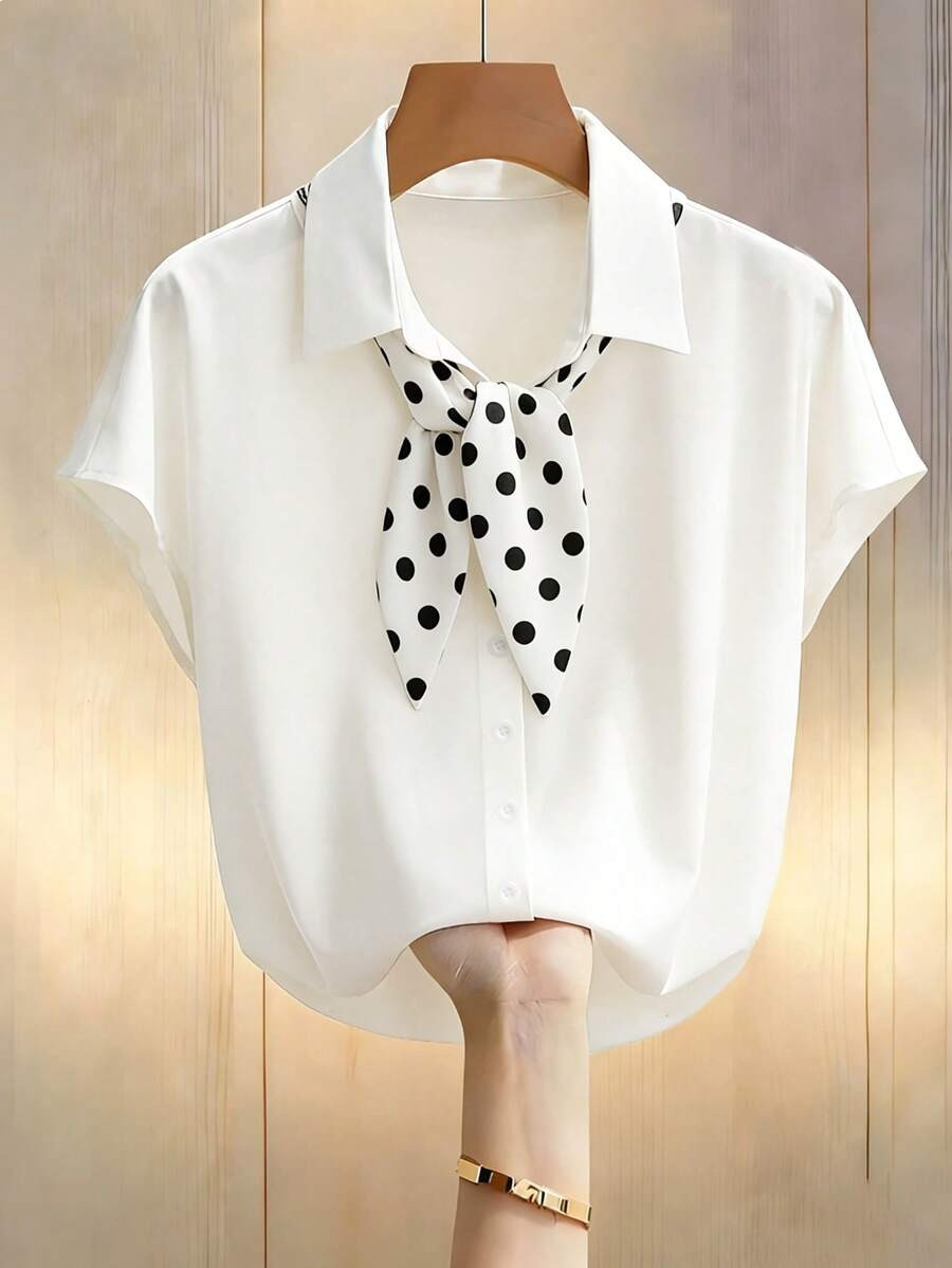 GlowEve CURVE Plus Size Polka Dot Print Twist Front Button Down Short Sleeve Elegant Blouse | SHEIN