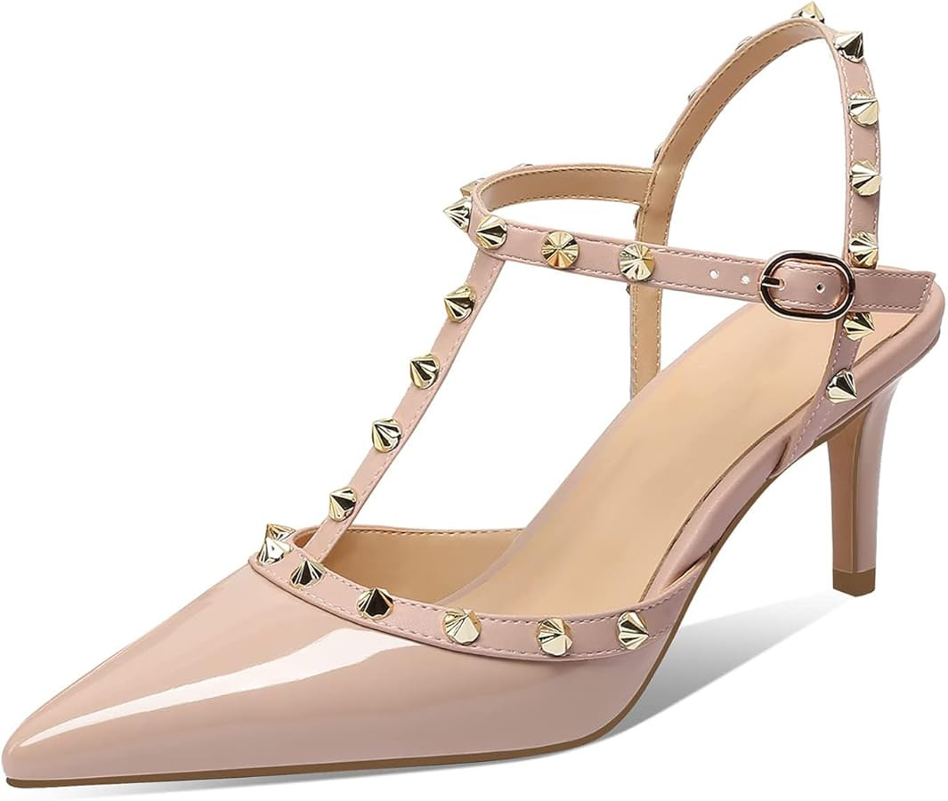 XINIUNIU Studded Heels for Women Kitten Heels with Studs Stiletto Sandals with Rivet Ankle Strap ... | Amazon (US)