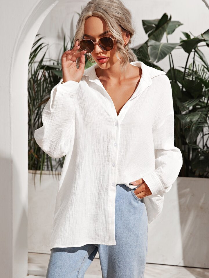 SHEIN Frenchy Drop Shoulder Solid Longline Shirt | SHEIN