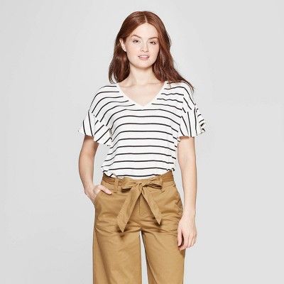 Women's Striped Short Sleeve Ruffle T-Shirt - A New Day&#153; Cream/Black XS | Target