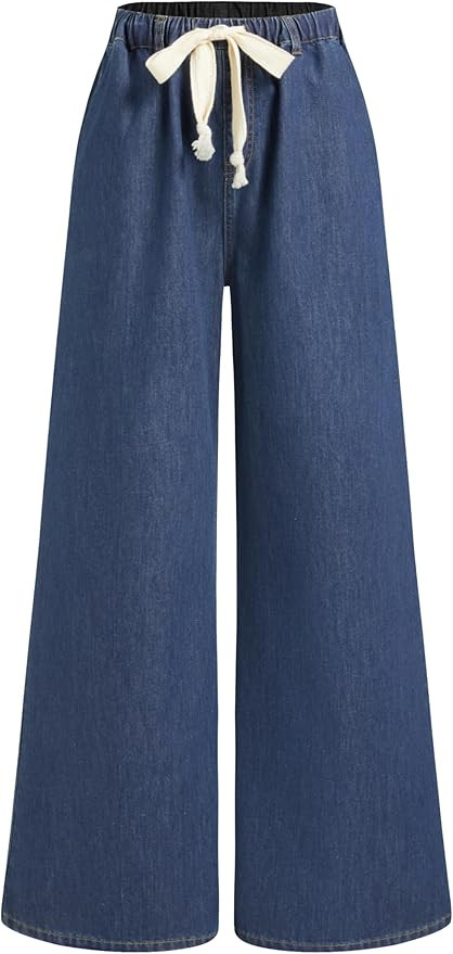 CIDER Drawstring Baggy Wide Leg Jeans for Women High Waisted Pull On Jeans Denim Pants with Pocke... | Amazon (US)