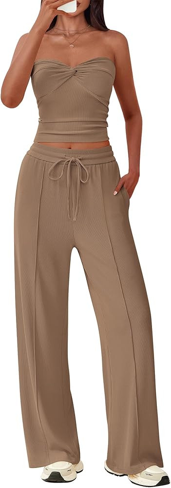 BTFBM Two Piece Sets For Women Summer Ribbed Strapless Twist Knot Tube Top Pants Set Casual 2026 ... | Amazon (US)