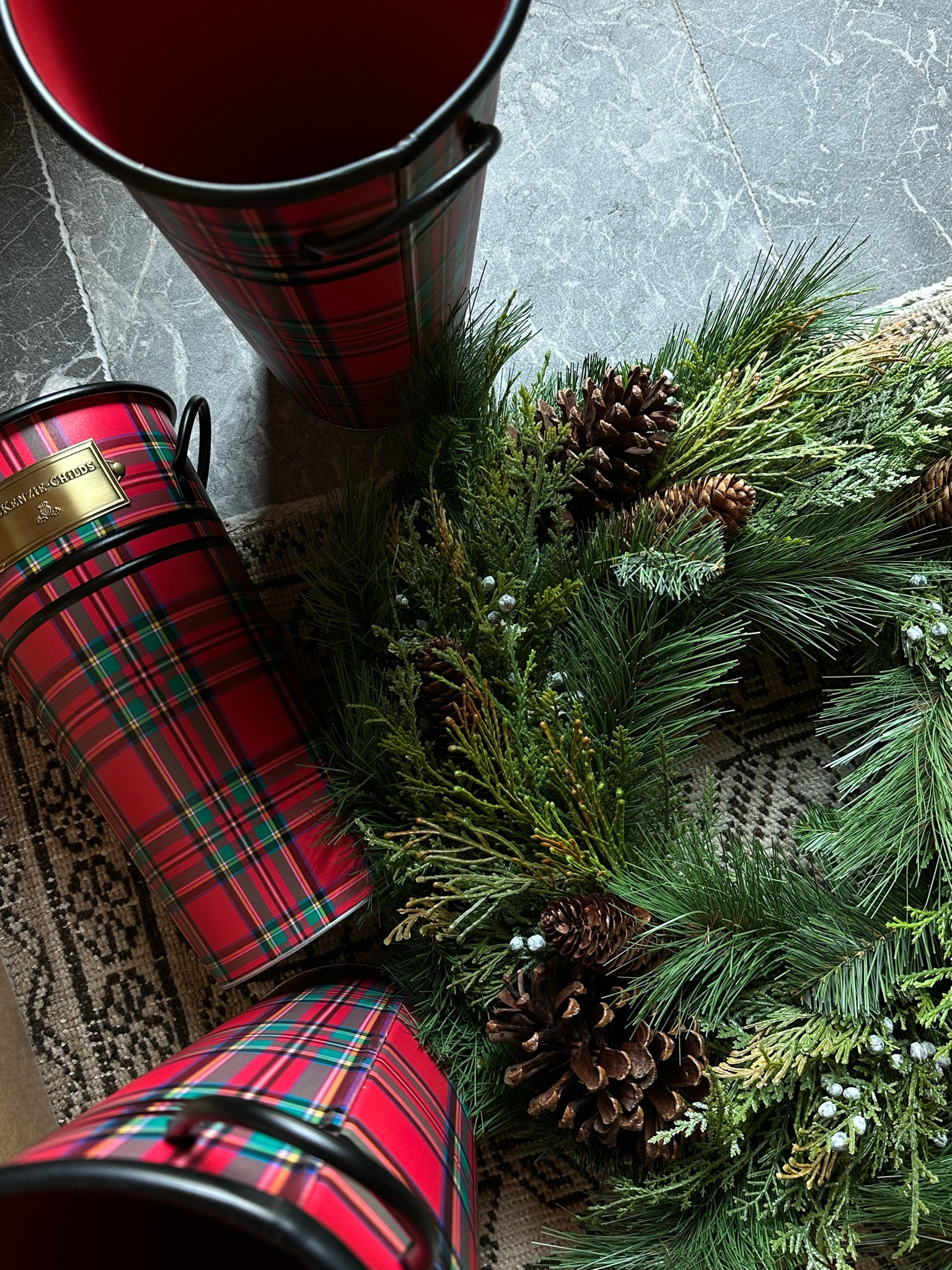 Never too early to grab some Christmas decor! Found this wreath on sale and these super cute plaid planters @wayfair #wayfair #wayfairpartner 