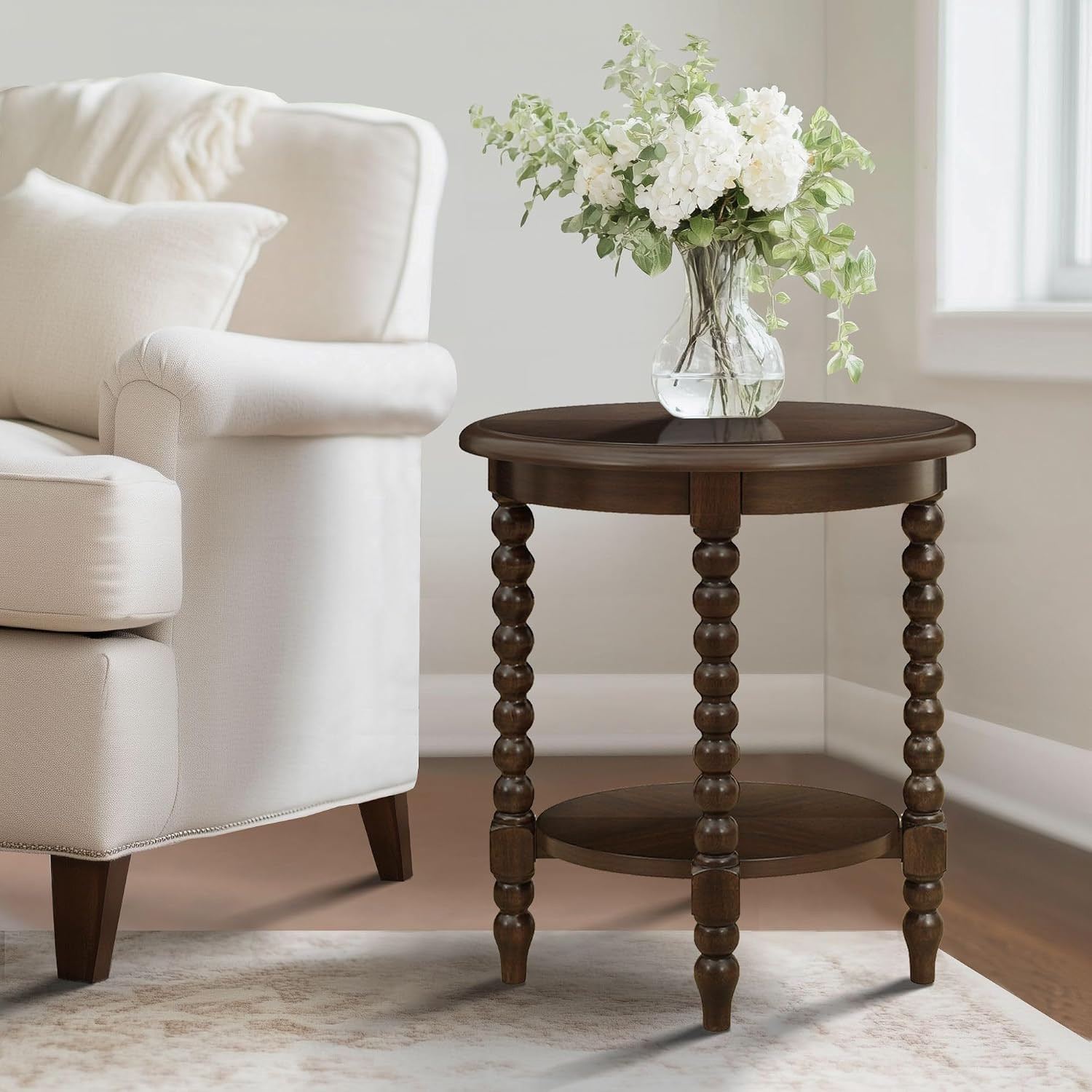 Martha Stewart Philippe Round Coffee Table for Living Room Lily Pond Collection, Coastal Coffee Table with Shelving for Storage, Cottage Inspired Living Room Table, 30" Wide Brown | Amazon (US)