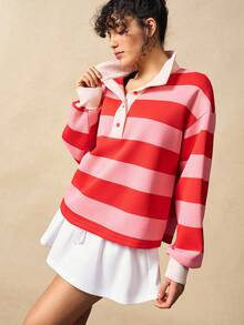 VARSITIE Women's Casual Contrast Stripe Print Polo Collar Drop Shoulder Loose Fit Sweatshirt, Spr... | SHEIN