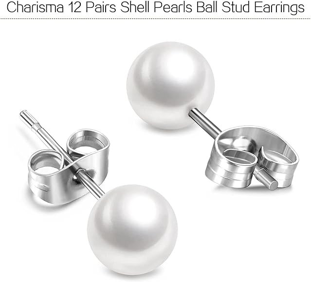Charisma 4-12mm Composite Round Ball Pearls Stud Hypoallergenic 12 Pairs Mixed Sizes Imitation Pe... | Amazon (US)