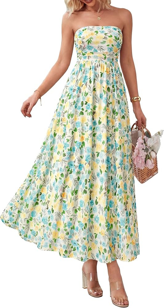PRETTYGARDEN Women Strapless Maxi Dress 2026 Summer Floral Tube Top Ruched Beach Spring Wedding G... | Amazon (US)