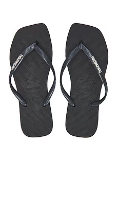 Havaianas Slim Square Logo Sandal in Metallic Black & Silver from Revolve.com | Revolve Clothing (Global)