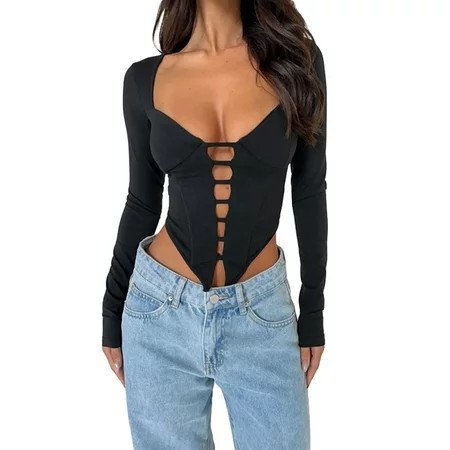 Women s Black Long Sleeve Front Hollow Out Cropped Going Out Tops | Walmart (US)