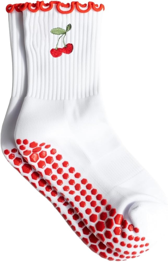 Cute Pilates Grip Socks for Women Ruffle Yoga Socks Non Skid Crew Grippy Sock for Barre Workout | Amazon (US)