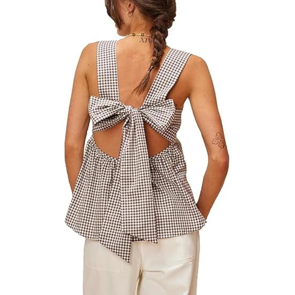 Women Gingham Babydoll Tank Top Cute Sleeveless Backless Wide Straps Peplum Shirt Y2K Square Neck... | Amazon (US)