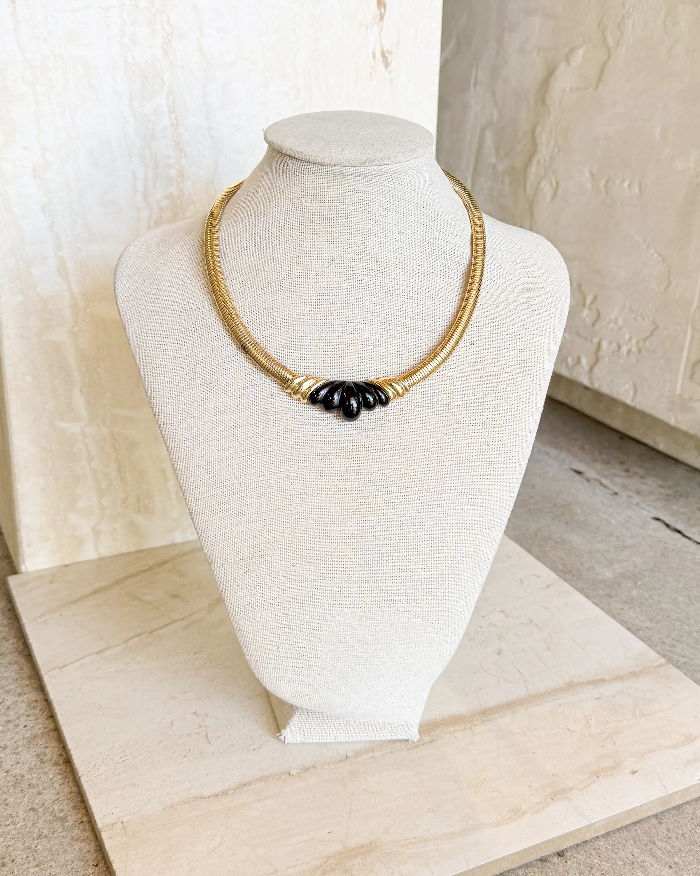 Vintage Signed Gold Filled Black Bakelite Omega Chain Necklace | Care Tucker