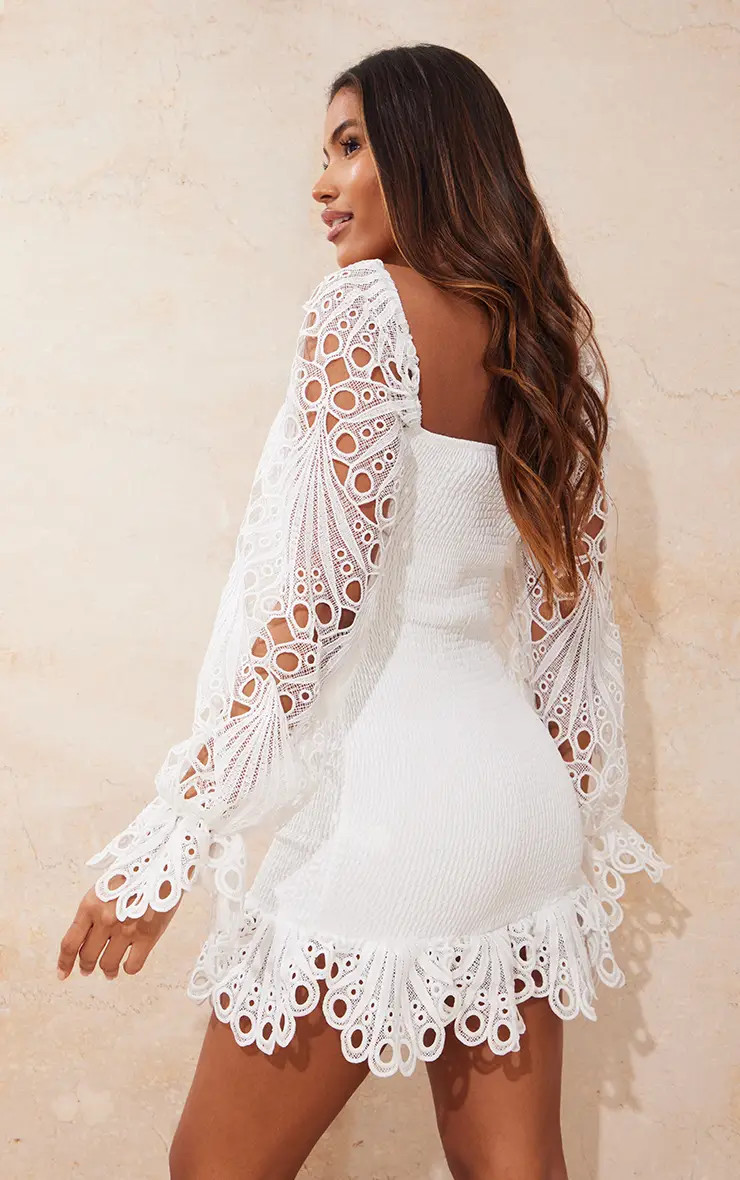 White Lace Sleeve Shirred Bodycon Dress | PrettyLittleThing US