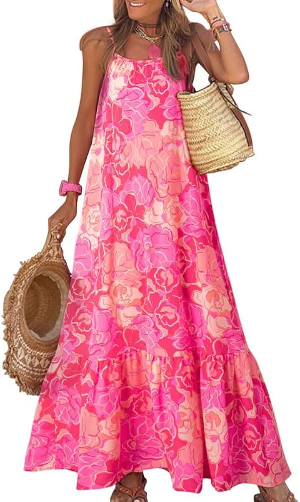 Dokotoo Women Summer Dresses 2024 Spaghetti Strap Scoop Neck Smocked Ruffle Flowy Boho Maxi Dress | Amazon (US)