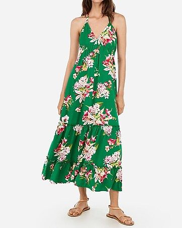 floral print deep v halter maxi dress | Express