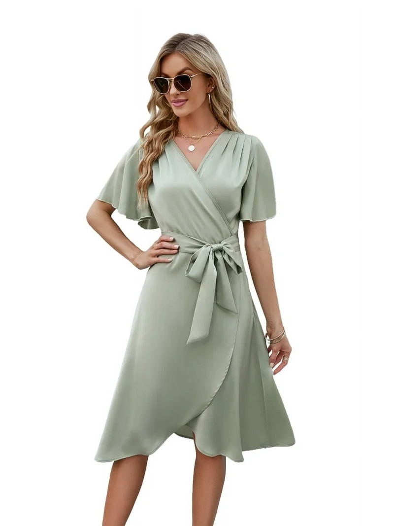 Katigan Women'S Wrap Dress V Neck Short Sleeve Waist Tie Ruffle Split Midi Casual Dress Light Gre... | Walmart (US)
