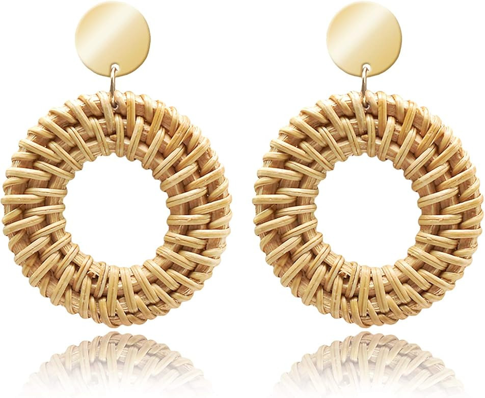 Rattan Earrings for Women Handmade Straw Wicker Braid Drop Dangle Earrings Lightweight Geometric ... | Amazon (US)