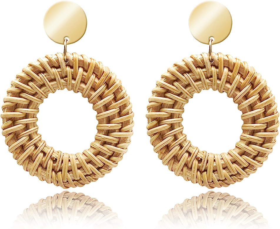 Rattan Earrings for Women Handmade Straw Wicker Braid Drop Dangle Earrings Lightweight Geometric ... | Amazon (US)