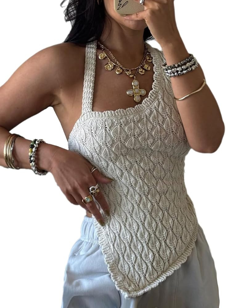 YEMOCILE Womens Sexy Ribbed Knit Vest Asymmetrical Halter Tops Backless Sleeveless Going Out Vest... | Amazon (US)