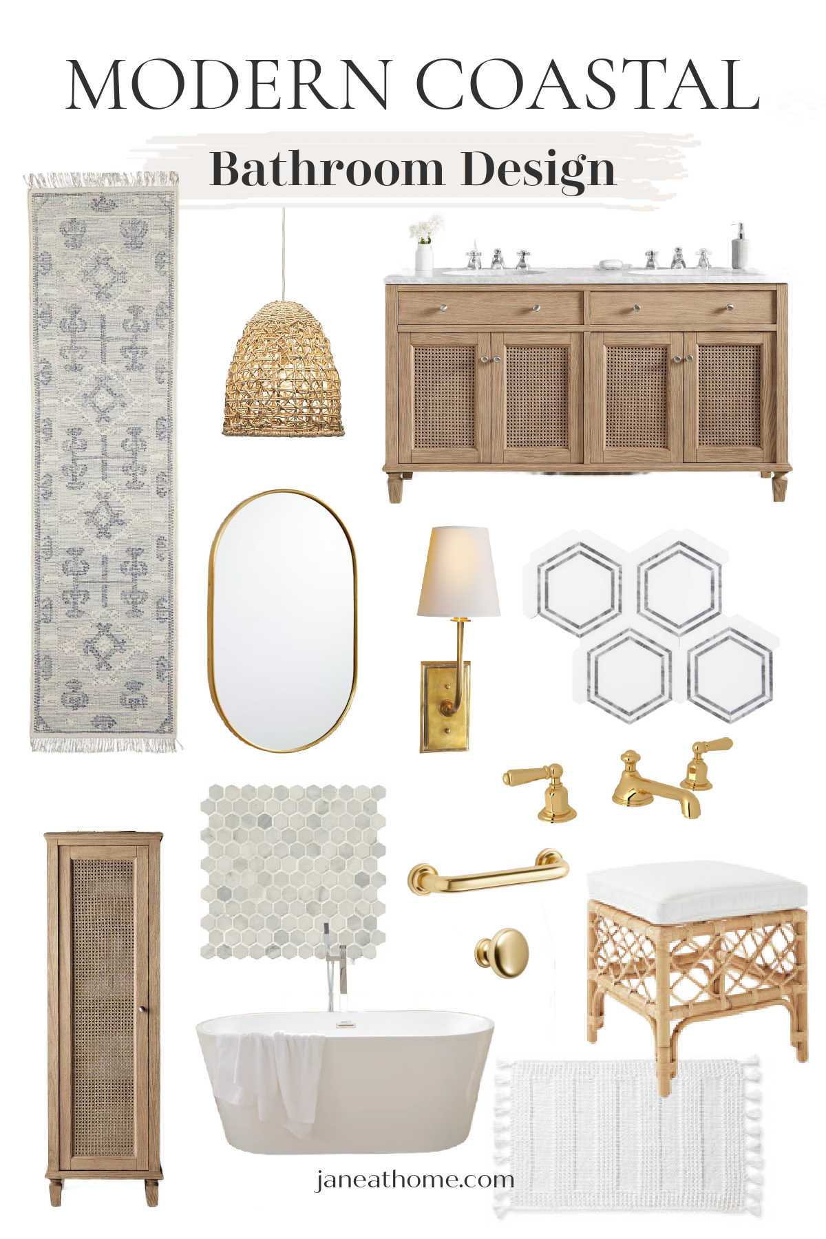 Modern coastal bathroom ideas for a master bathroom or small bath refresh, with coastal-inspired bathroom decor, lighting, rugs, vanity, linen cabinet, faucets, hardware, tub, accents, and curved mirror, all in soft neutral tones, natural materials, and woven textures, for a serene yet sophisticated vibe -- perfect for spring and summer #ModernCoastal #CoastalBathroom #InteriorDesign #BathroomIdeas #BathroomInspo #CoastalVibes #NeutralHome #BeachHouseStyle 
 

 #LTKSeasonal #LTKHome #LTKSaleAlert