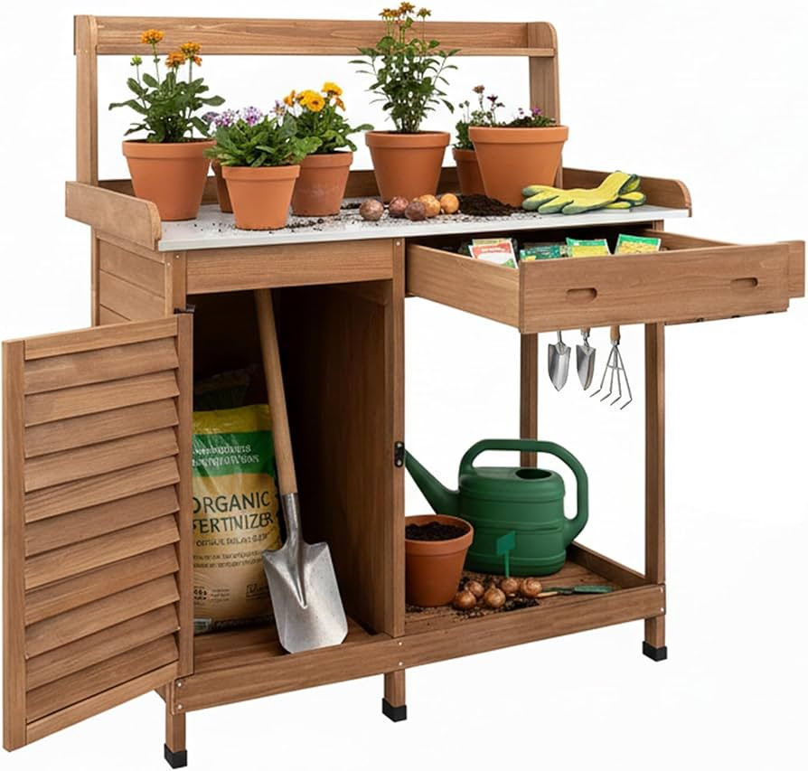 Potting Bench Table Work Bench with Storage Cabinet Outdoor Wooden Garden Workstation with Metal ... | Amazon (US)