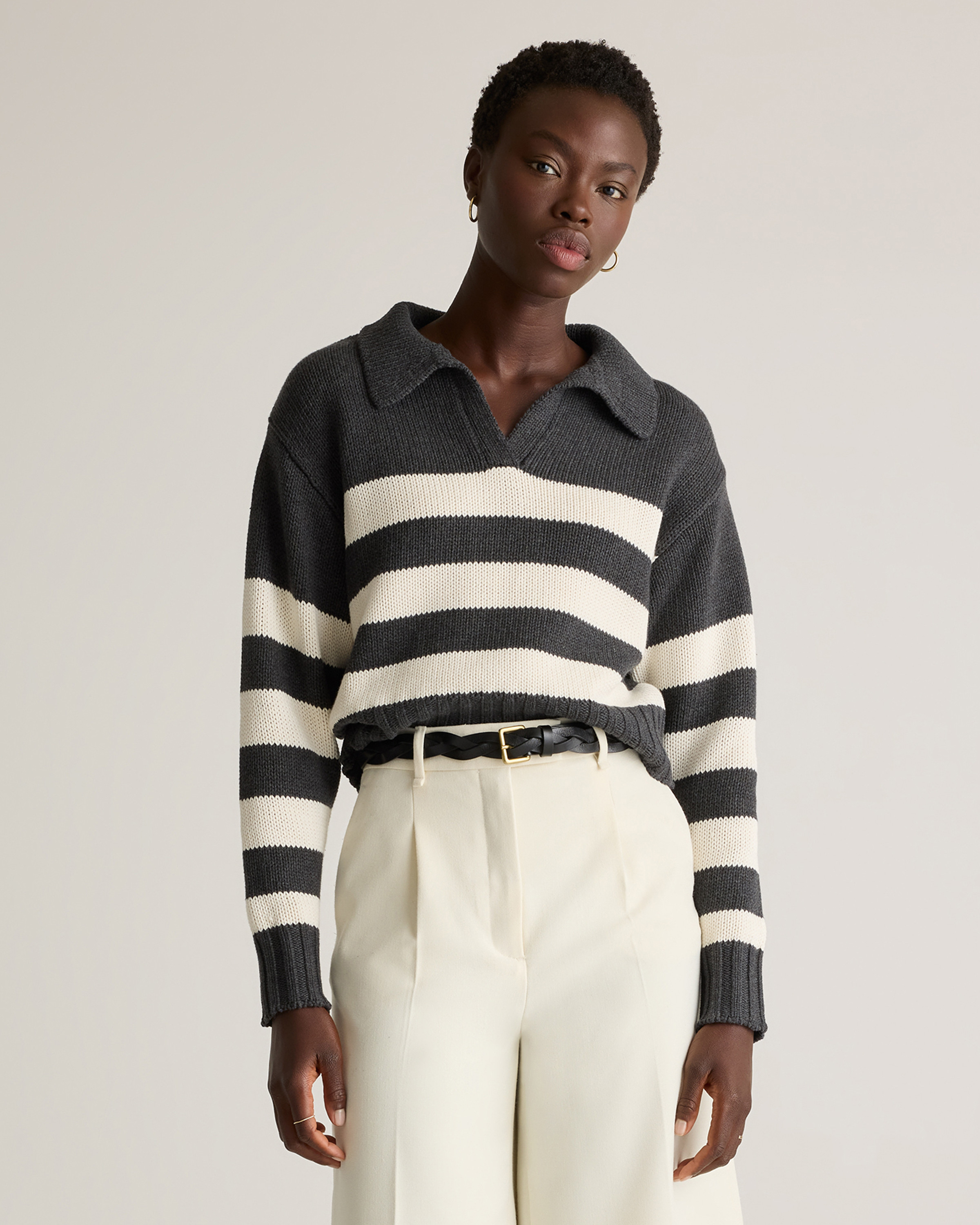 Quince | Women's 100% Organic Cropped Cotton Polo Sweater in Charcoal/Offwhite Stripe, Size Medium, Organic Cotton | Quince