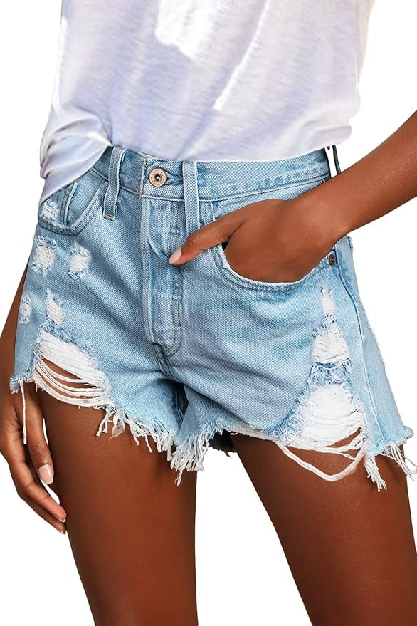Syewan Denim Shorts for Women Women's Juniors Jean Shorts Hem Ripped Jean Shorts Hot Shorts High ... | Amazon (US)