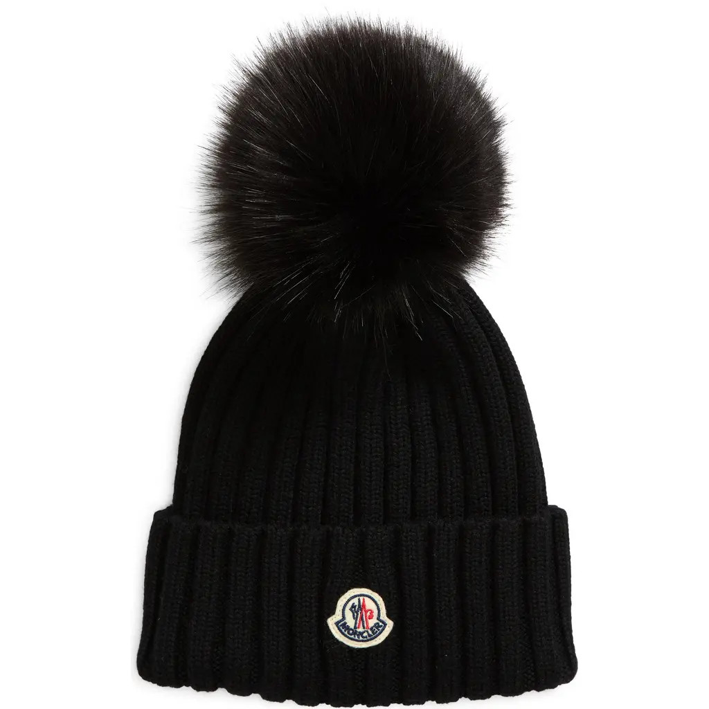 Moncler Virgin Wool Rib Beanie with Faux Fur Pompom in Black at Nordstrom | Nordstrom