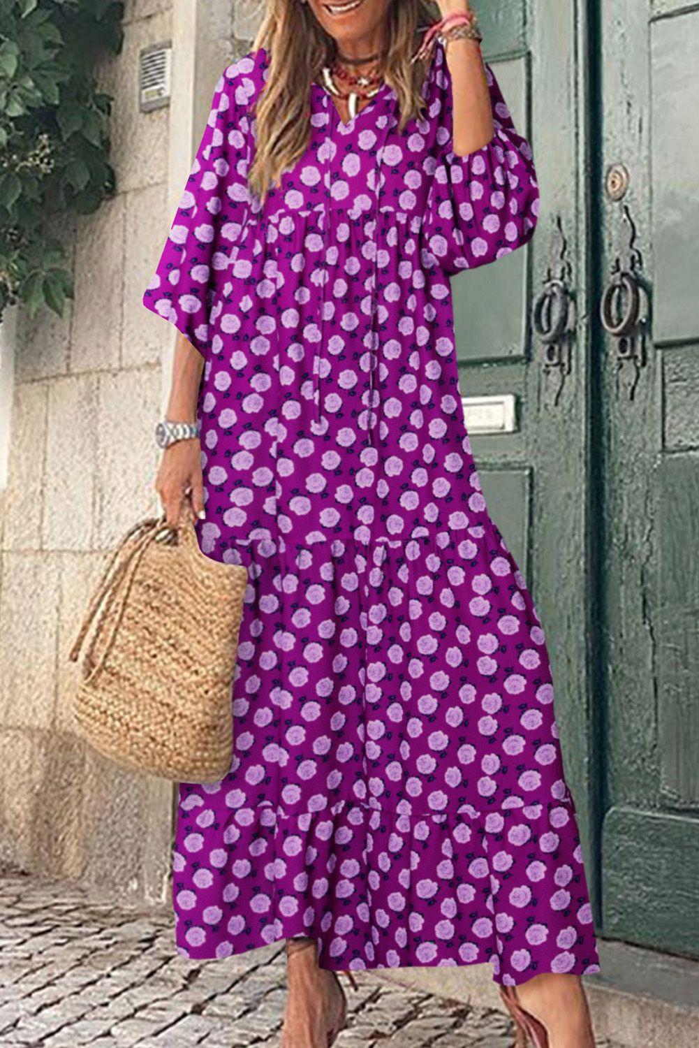 Purple Boho Printed V Neck Puff Sleeve Maxi Dress | Shewin
