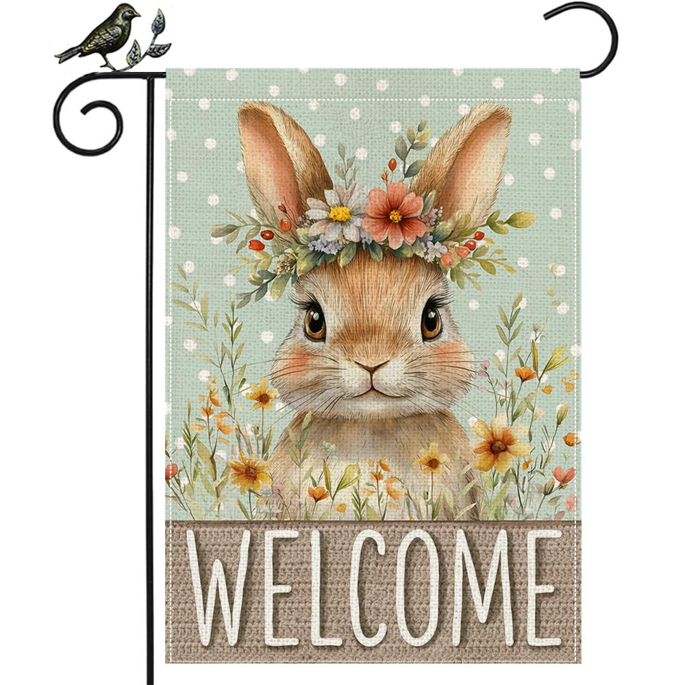 GEEORY Easter Bunny Welcome Garden Flag 12x18 - Floral Crown Rabbit Burlap Flag for Spring Yard O... | Amazon (US)