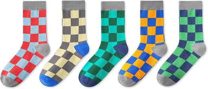 INNERSY Kids Boys Girls Cotton Socks Colorful Checkered Novelty Crew Socks for Teens 5 Pairs | Amazon (US)