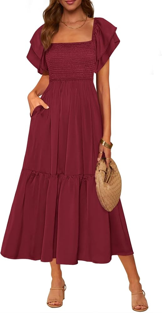 MASCOMODA Womens Summer Casual Smocked Flowy Midi Dress | Amazon (US)