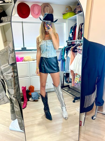Nashville try on haul. Country concert outfit. GNO. Music festival. XS in faux leather SkOrT. Black cowgirl hat. Rhinestone boots. Over the knee boots. Denim halter top  

#LTKfindsunder50 #LTKstyletip #LTKFestival