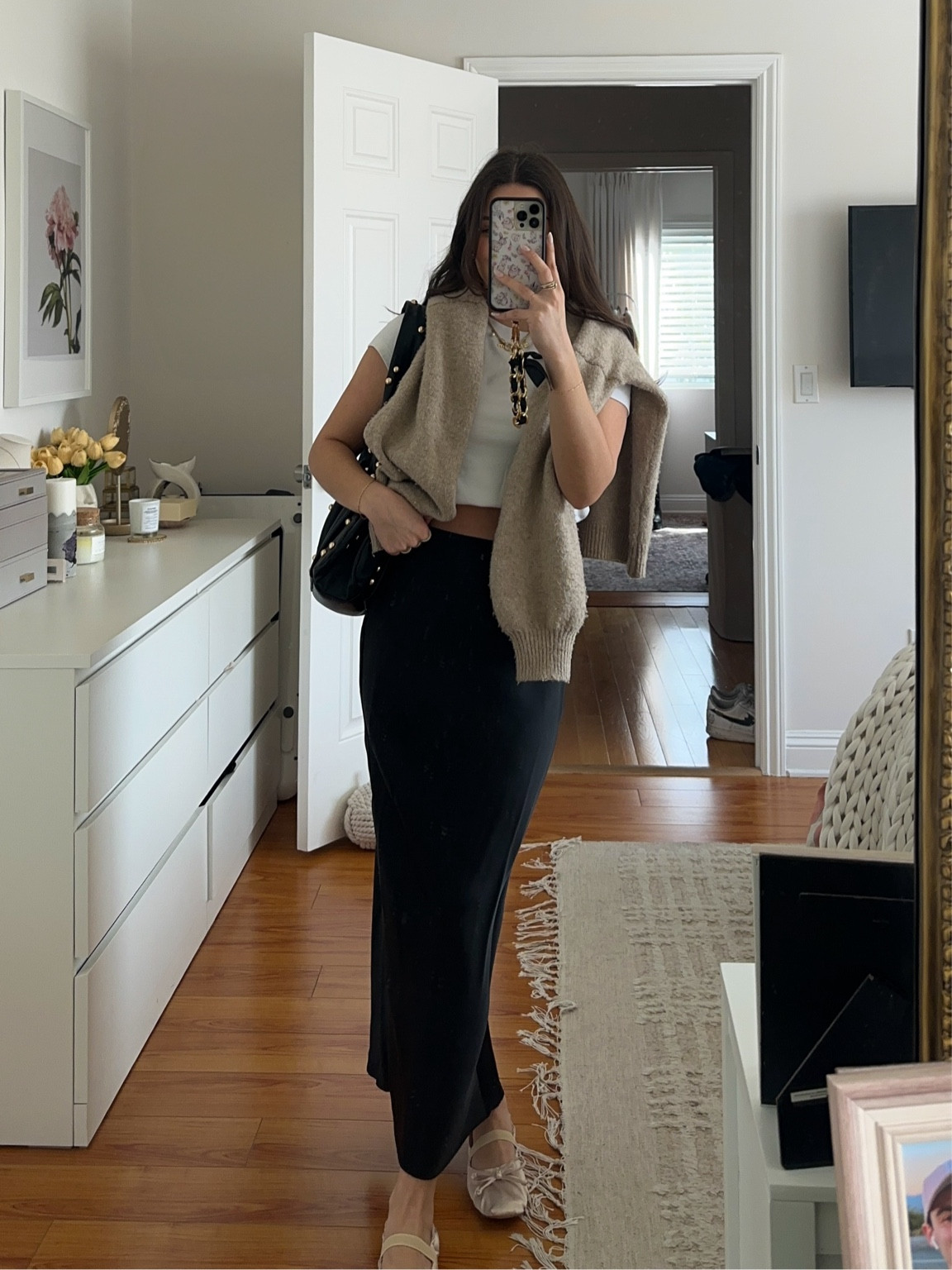 ootd 
[ballet slippers, midi satin skirt]